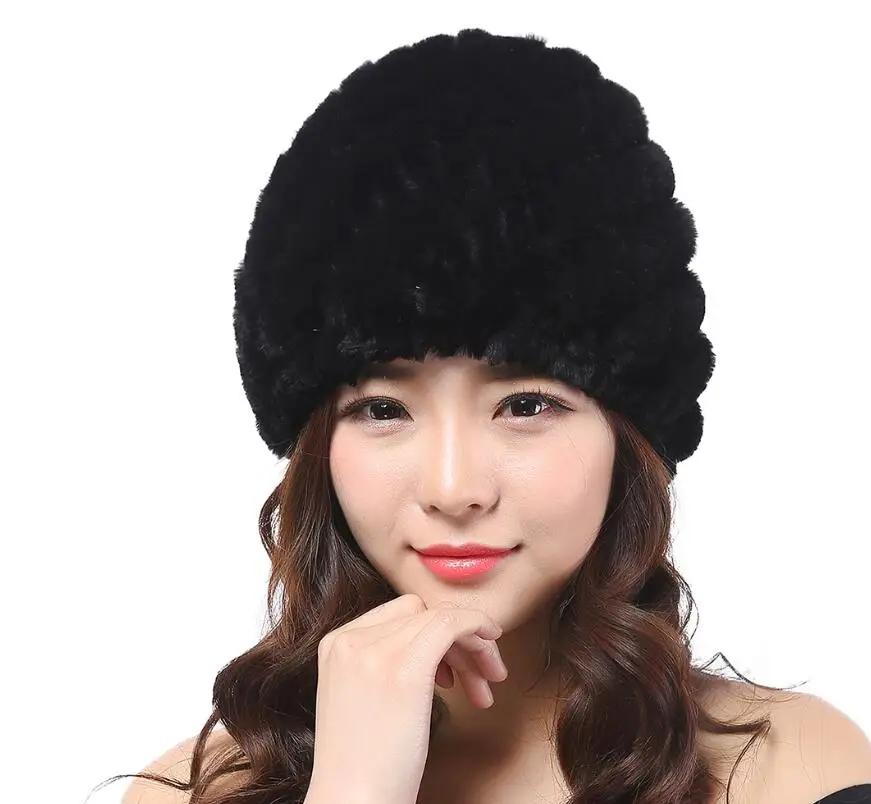 YC Fur классический стиль женские зимние шапки шапочки теплые вязаные натуральный мех кролика рекс бини зимняя теплая шапка из натурального меха женская шапка - Цвет: ALL BLACK