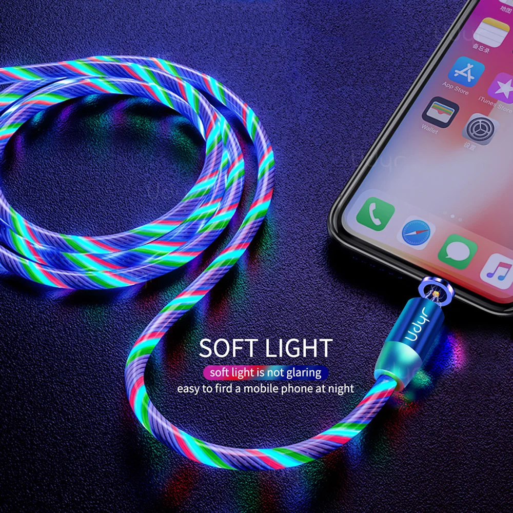 Udyr Магнитный кабель течёт светильник светодиодный Micro USB кабель для samsung S10 type-c Зарядка для iPhone Магнит зарядное устройство type C кабели