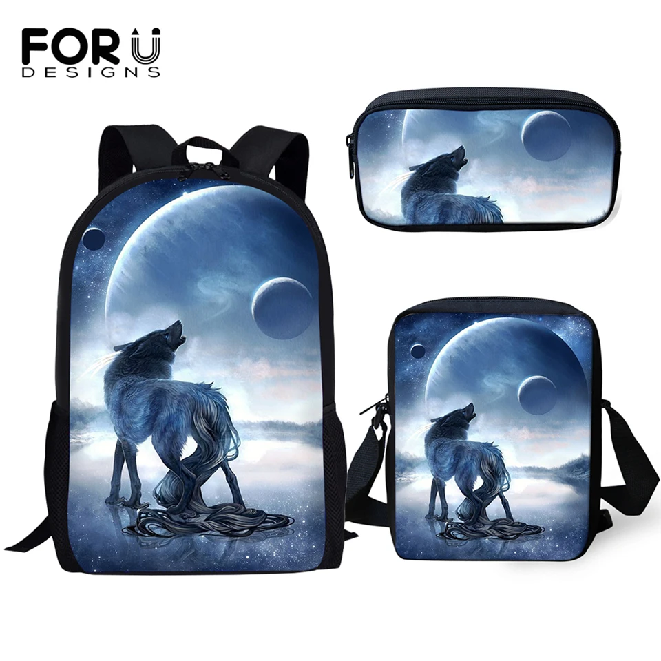 

FORUDESIGNS Fashion Kids School Backpacks Moon Wolf Pattern Kids School Bags Cartoon 3PCs Set Book Bags/Flaps Bags/Pen Bags