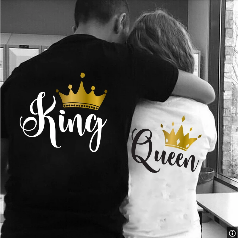 

behind King Queen Printing Lover Couples Tee Shirt Harajuku Womens T-shirt Crown Printing Couple Clothes Summer Women Man Tops