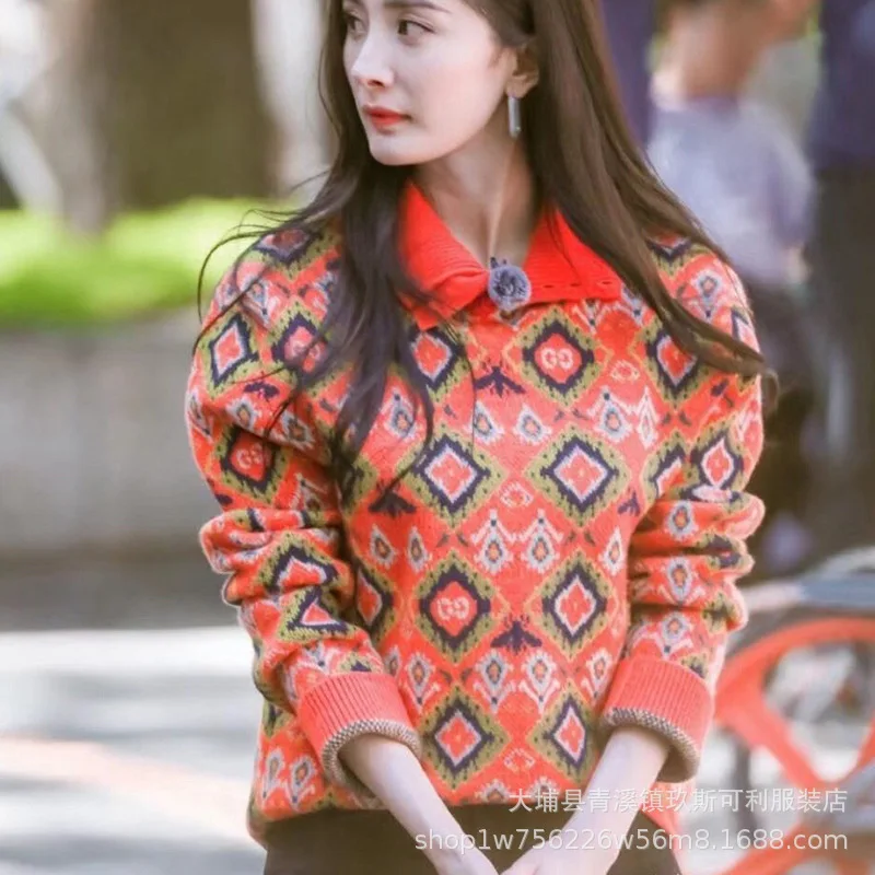 

2019 Autumn And Winter Milan Runway New Style Greens Pattern Jacquard Polo Collar Cashmere Sweater Women's Yang Mi Celebrity Sty