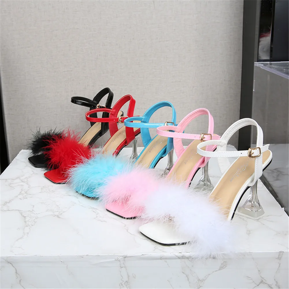 Fluffy Marabou Feather Gladiator Chunky Stock High Heel Sandals - China  Women Shoes and Shoes price | Made-in-China.com