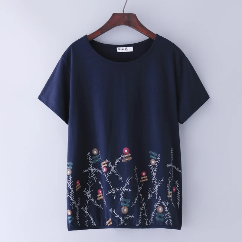 

Women's Cotton Short Sleeve T-shirt, Loose O-Neck Tops, Large Size, Printing, Summer