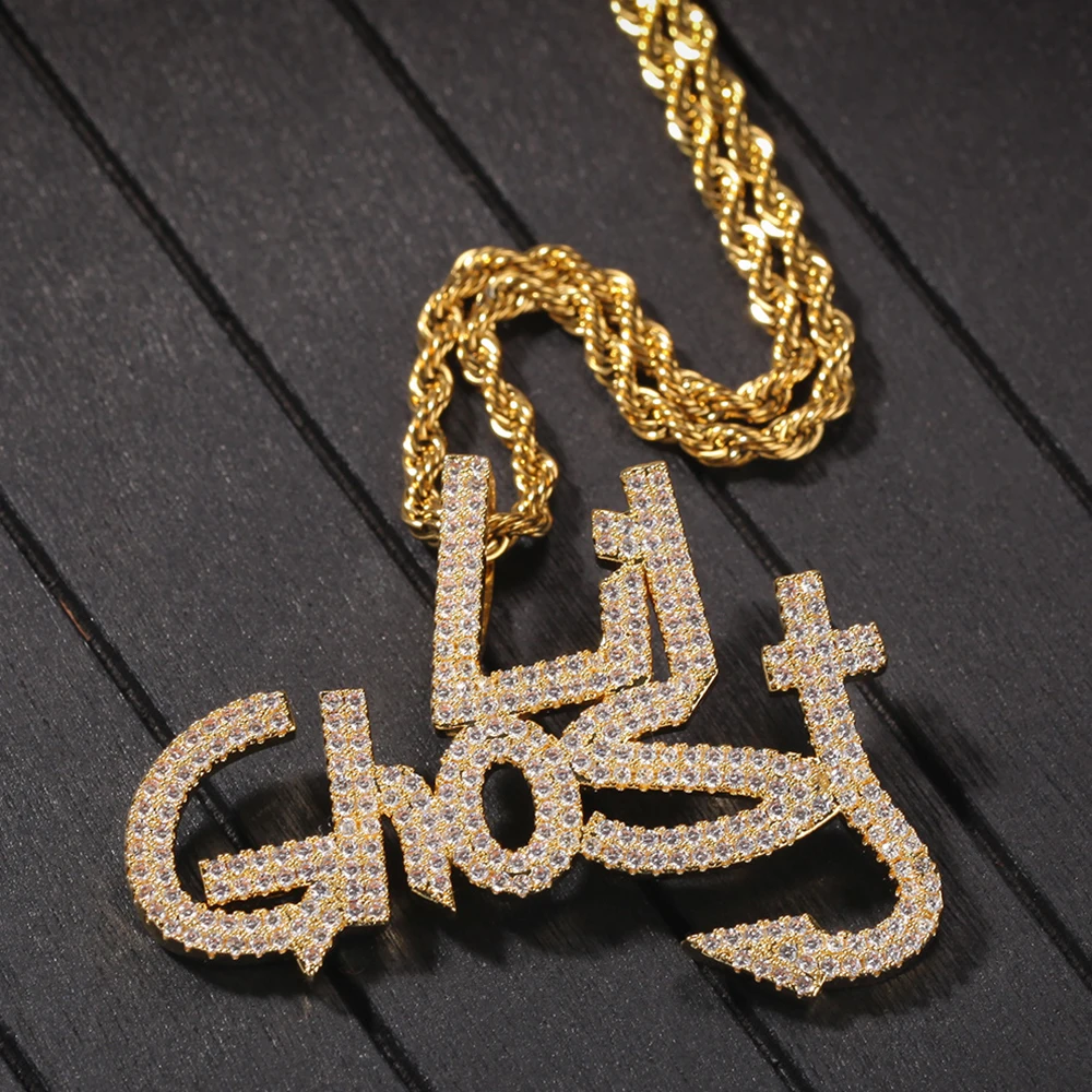 Iced Out Lil Ghost Письмо ожерелья с подвесками для мужчин талисманы кубический циркон хип-хоп ювелирные изделия с золотой серебряной цепочкой из нержавеющей стали - Окраска металла: Gold Color