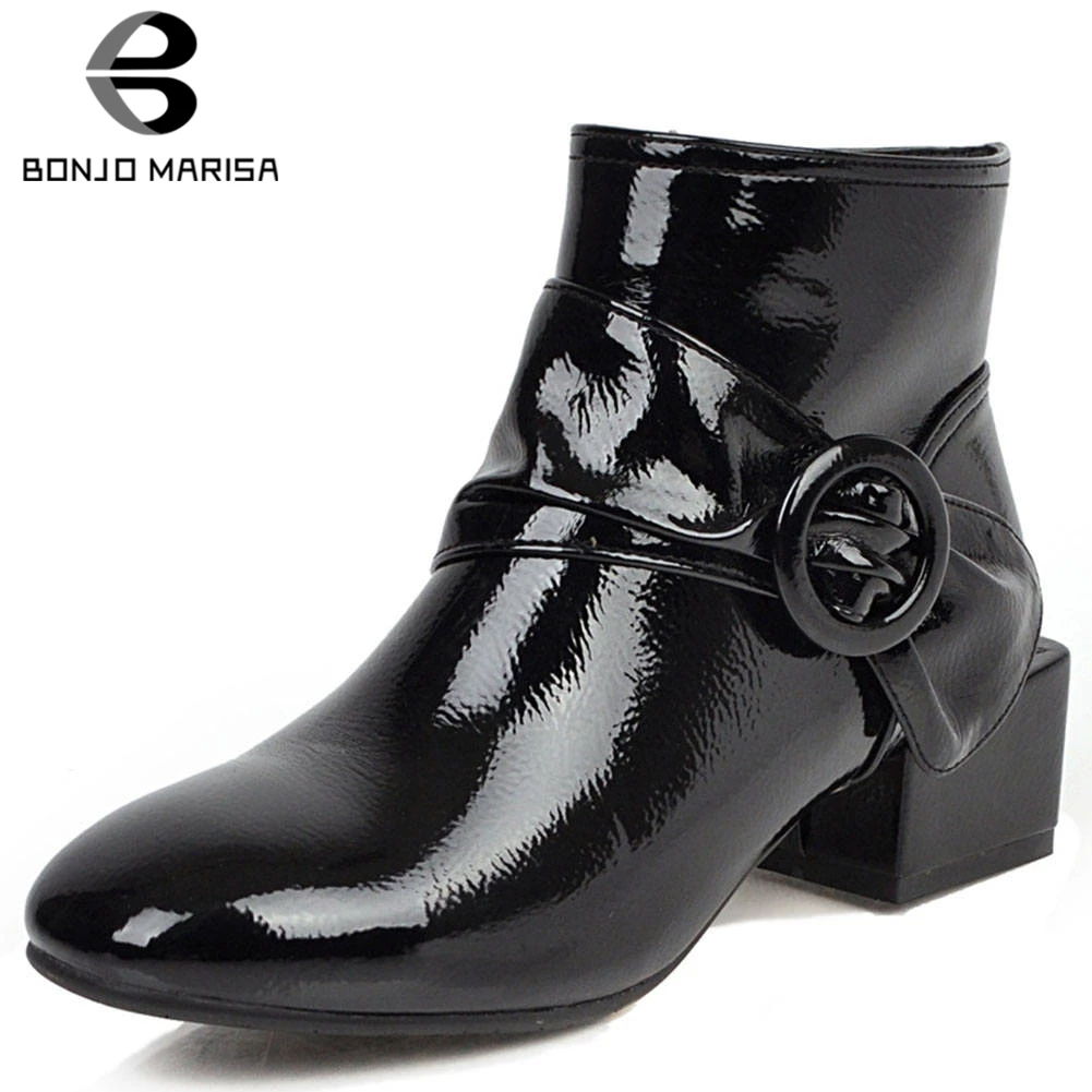

BONJOMARISA New Spring Ladies Fashion Knot Boots Office Brand Square Toe Ankle Boots Women 2020 Patent PU Med Heel Shoes Woman