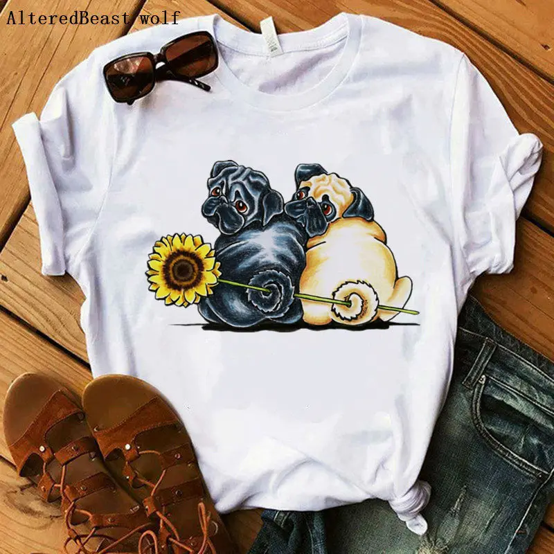 Женская модная футболка Sunny Pugs Повседневная с круглым вырезом и коротким рукавом