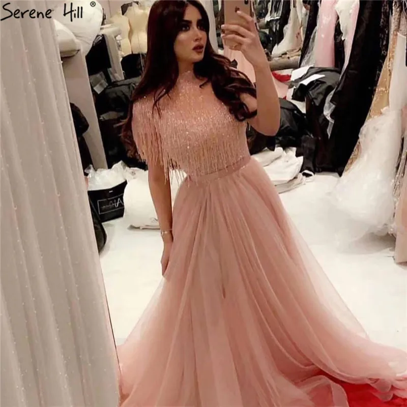 

Pink Short Sleeveless Tassel Beading Prom Dresses 2019 Latest Design High Collar Tulle Prom Gowns Serene Hill BLA60997