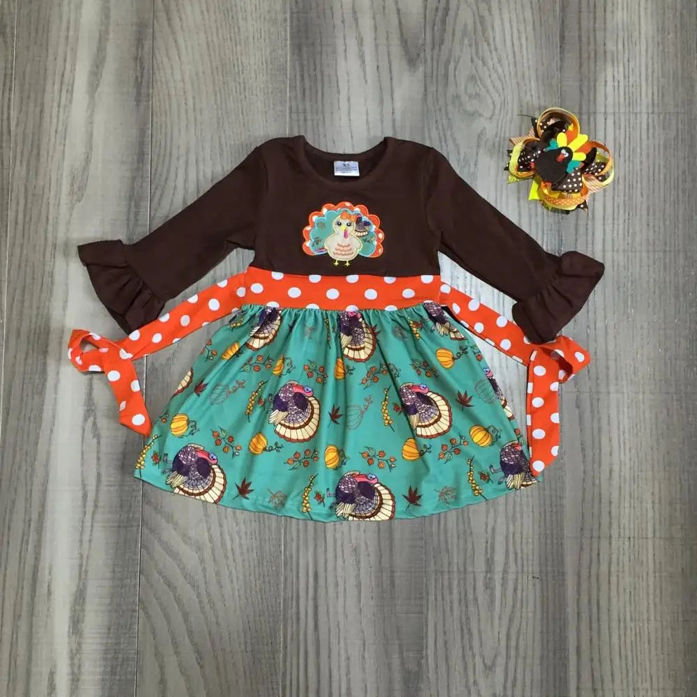Thanksgiving Fall/winter baby girls children clothes brown cotton turkey ruffles belt dress boutique long sleeve match bow