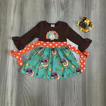 Thanksgiving Fall/winter baby girls children clothes brown cotton turkey ruffles belt dress boutique long sleeve match bow