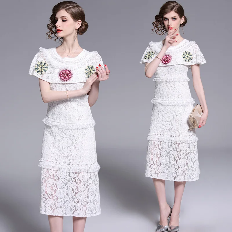 

Photo Shoot 2019 Spring And Summer New Style Crew Neck Lace Embroidery Cloak Goddess Elegant Long Skirts Dress