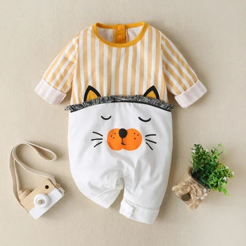 

2020 New Baby Rompers Newborn Baby Boy Girl Long Sleeve Tassel Cat Printed Stripe Clothes Cotton Jumpsuit High Quality for 0-24M