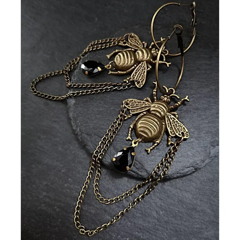 Dangle Earrings Goth Bumblebee Hoops Water Crystal Teardrop Witch Gothic Punk Grunge Jewellery Women Gift