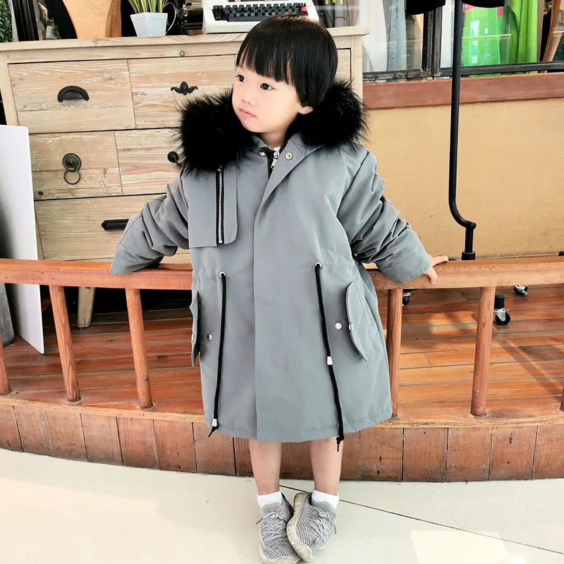 Baby Boys Girls Wadded Jackets Hooded Real Rex Rabbit Fur Collar Parkas Long Thicken Warm Winter Padded Coat Children Outerwear