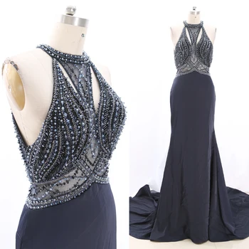 

MACloth Dark Navy Sweep Train Halter Floor-Length Long Crystal Tulle Prom Dresses Dress M 269154 Clearance