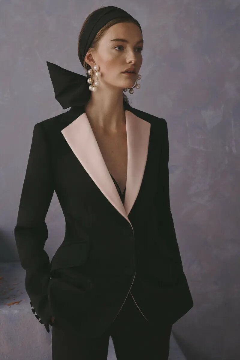 Conjunto de Blazers elegantes para mujer, traje de trabajo de dos piezas, chaqueta y pantalones, de manga larga, hecho a medida, color negro