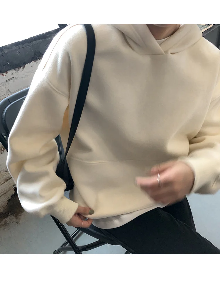Новая коллекция года, толстовки Harajuku для девочек, однотонные топы с капюшоном, Женская толстовка с длинными рукавами, зимнее бархатное утепленное пальто