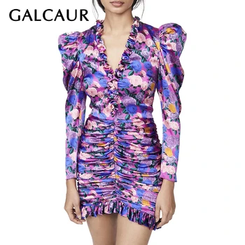 

GALCAUR Vintage Print Hit Color Ruffle Dresses Women V Neck Puff Long Sleeve Mini Ruched Mini Dress Female 2020 Spring Clothes