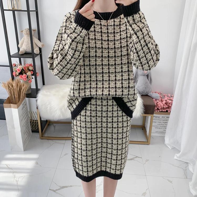 HF19103 Beige H. SA женский свитер костюм и наборы пуловер+ юбки Elegnt Джемперы верхняя одежда маленькие клетчатые Элегантные корейские Топы теплые свитера - Цвет: HF19103 Beige
