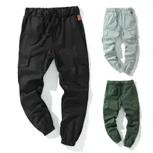 

80% Dropshipping!!Cargo Pants Solid Color Multi Pockets Men Ankle Tied Drawstring Pants for Sports