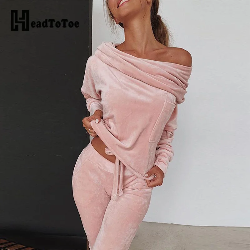 

Off Shoulder Pleuche Top + Trousers Set Women 2 Piece Sets Autumn Winter Warm Two Piece Outfits