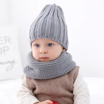 

2PCS/Sets Baby Hats Scarf Suits Winter Warm Knitted Caps Solid Kids Beanies Boys Girls Pom Pom Hats Neck Collar Scarves Sets