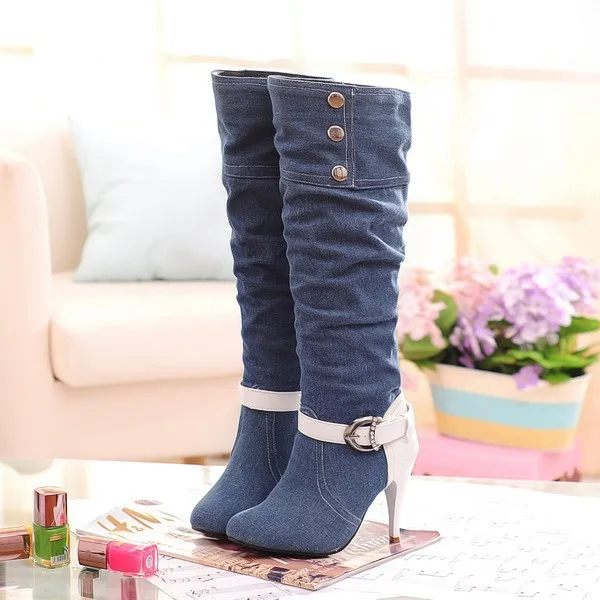 Женские джинсовые сапоги до колена с острым носком на высоком каблуке|boots ladies|knee