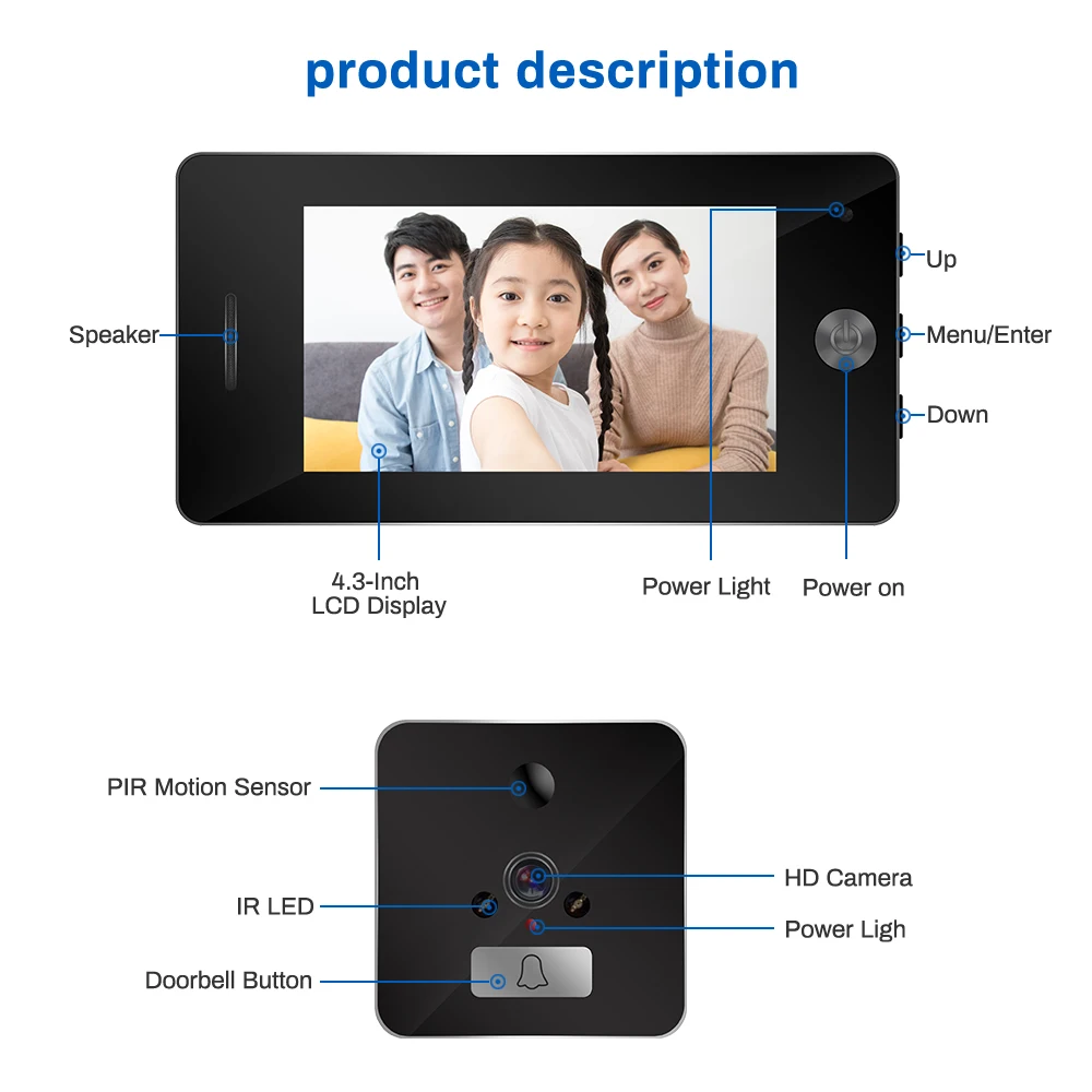 4," дверной звонок с ЖК-дисплеем Видео дверной глазок Дверь звонок глаз дверной звонок 120 градусов Обнаружение движения видео функция ночного видения