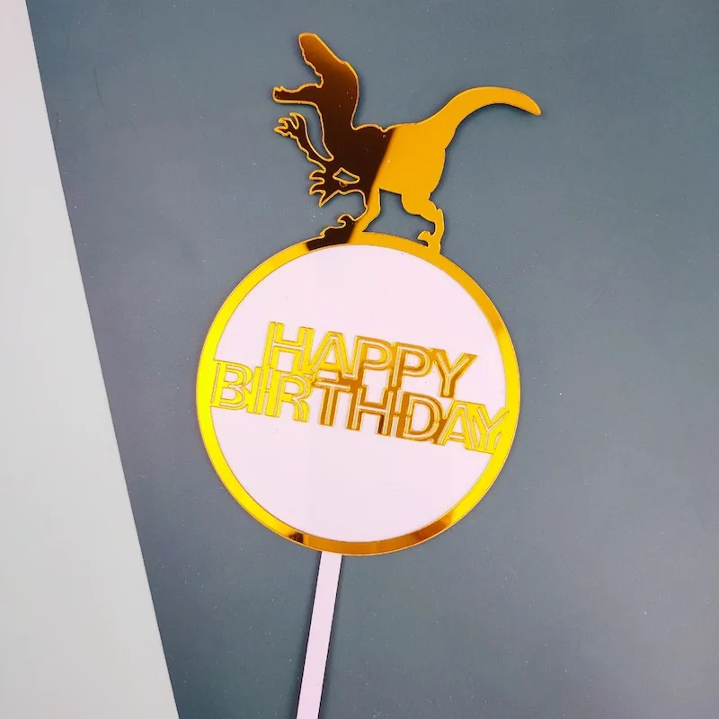 Dinosaur Theme Cake Topper Acrylic Golden Happy Birthday Cake flags Cupcake Toppers Kids Party Decoration party decorations birthday party supplies cake topper cake decorations cake toppers cupcake supplies gold leaf cake decorations