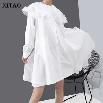 

XITAO Tide Plus Size Dress Patchwork Lace Women Clothes 2020 Spring New Pocket Peter Pan Collar Full Sleeve Dress Casual DMY3042