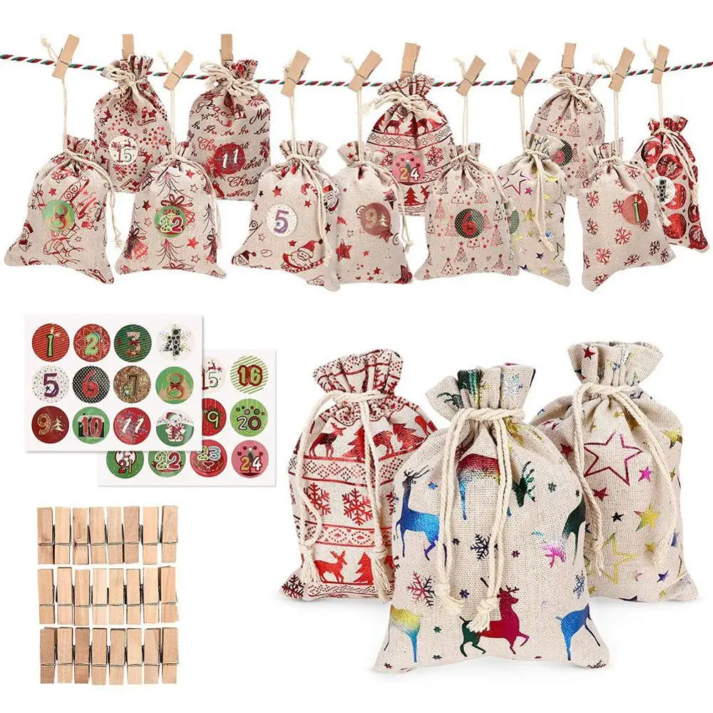 

24pcs/lot Christmas Gift Bags Candy Storage Pouch DIY Christmas Advent Calendar Bag calendrier avent Calendar Countdown Jute Bag