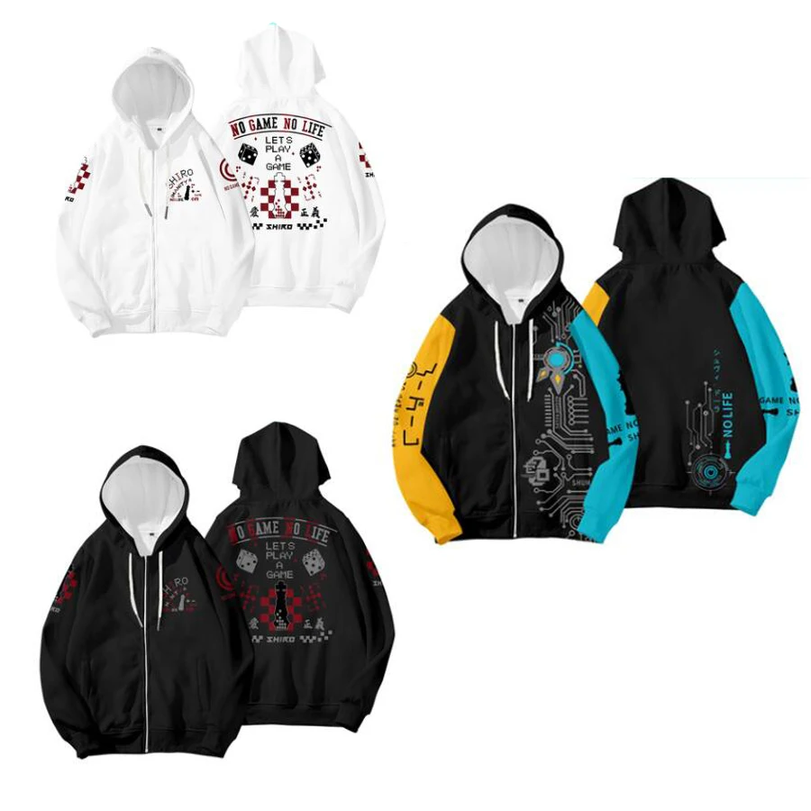 

Толстовка с капюшоном на молнии для мужчин и женщин, свитшот с аниме «NO GAME NO LIFE» и 3D-принтом, на молнии, верхняя одежда