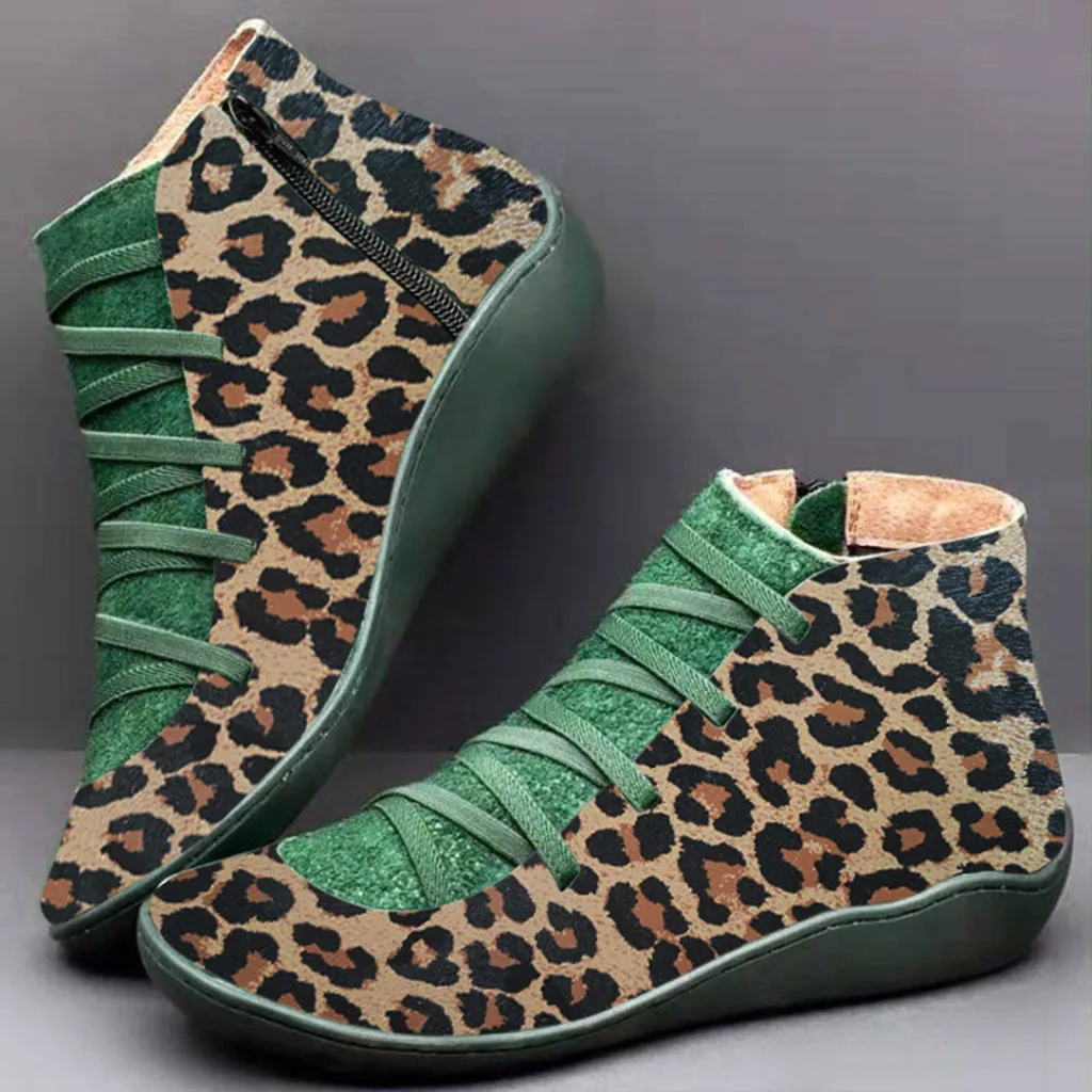 

Women Vintage leopard Boots winter Casual Leather Lace-up Zipper Round Toe Flat Booties New Arch Support Shoe Botas Mujer