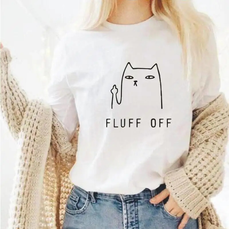 

Fluff Off Cartoon Print Women T Shirt White Black Short Sleeve Harajuku Hipster Cotton Tee Shirt Femme Outdoor Street T-shirts