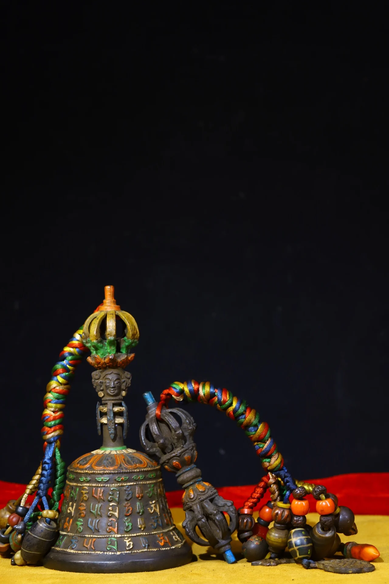 

7"Tibetan Temple Collection Old Bronze Painted Old Ringing Bell Vajra set Pendant Bells Vajra Phurpa Amulet Dharma Town House