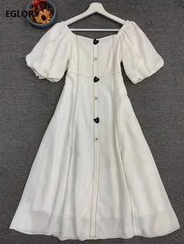 

2020 Summer Fashion White Dress High Quality Women Sexy Off Shoulder Color Block Stitching Sweetheart Button Deco Casual Dress