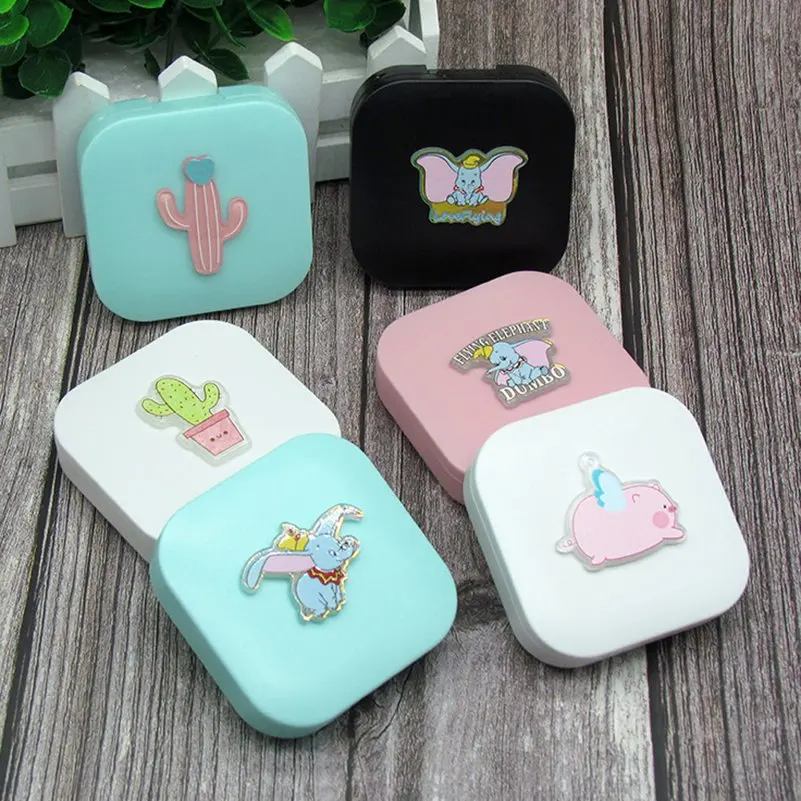 

Fashion Random Pattern Square Contact Lens Case Box Travel Kit Cactus Cartoon Contact Lenses Box Container Holder With Mirror
