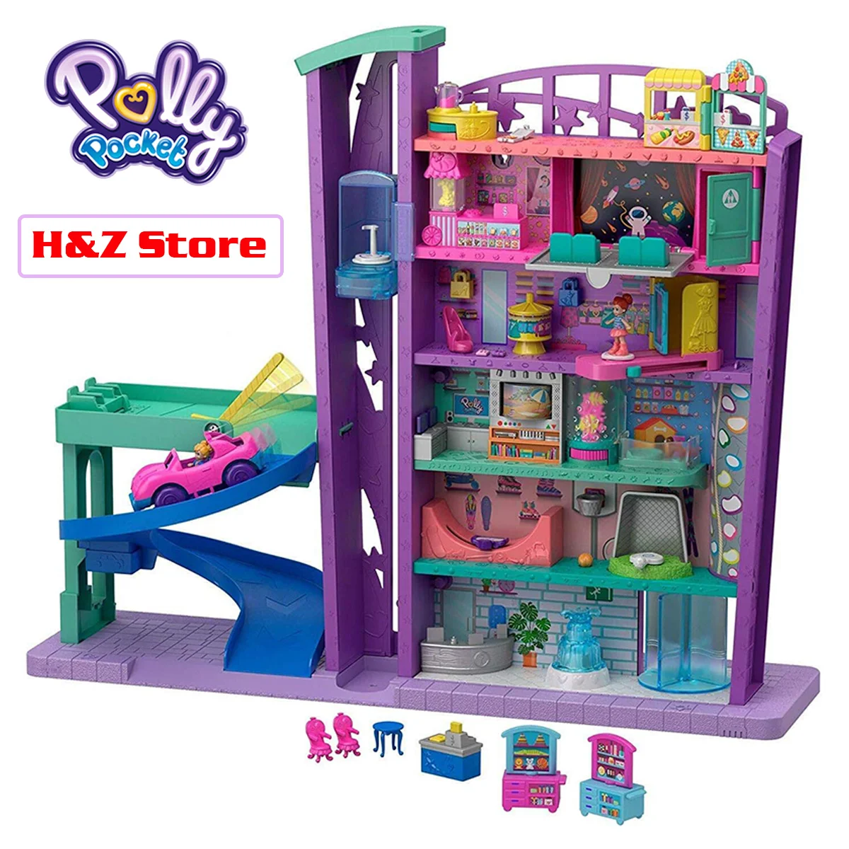 

Polly Pocket Mega Mall with 6 Floors Vehicle Elevator & Micro Mini Dolls Big World Building Shopping Mall Collection Kid Toys