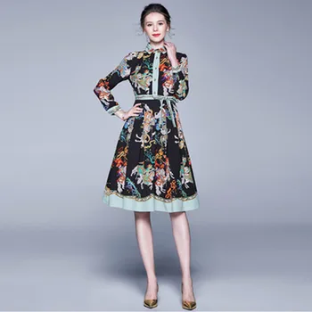 

New Spring Knee-Length Dress Middle Waist Women Dresses Splice Button Lace up Vintage Court Print Fall Fashion Slim Vestido A212