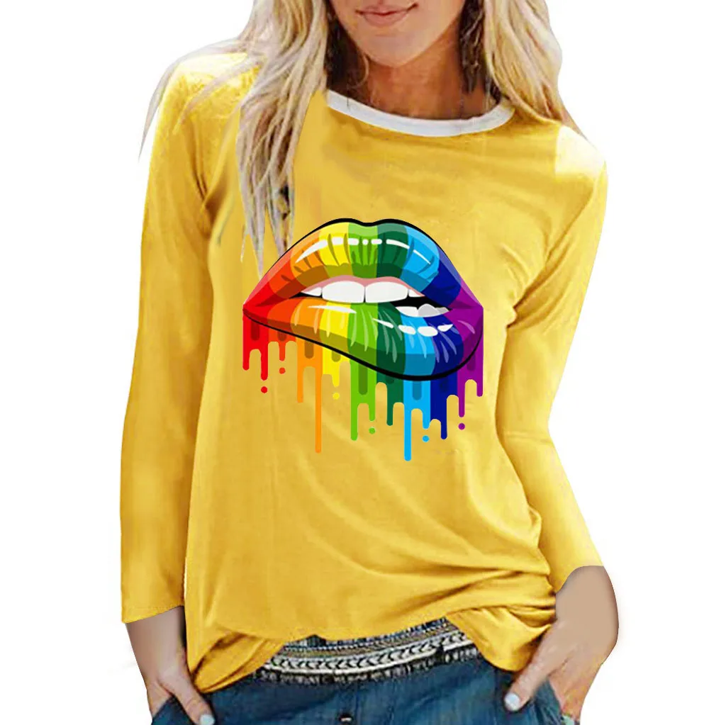 Женская футболка с длинным рукавом, осенняя и зимняя женская Повседневная футболка с принтом в виде губ, футболка с круглым вырезом и длинным рукавом, свободная футболка, женская футболка