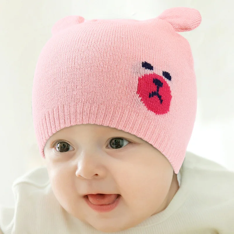 2 шт., детская зимняя шапка, шарф, вязаная шапка для новорожденных с ушками, детская шапочка, натуральный мех, помпон, шапка для мальчиков и девочек - Цвет: bear hat pink