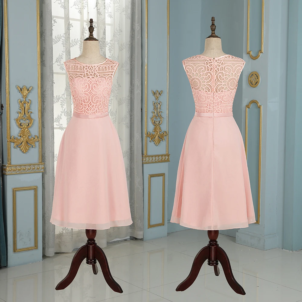 

2019 Sexy Pink Lace Prom Dress jewel A-Line knee-lenght sleeveless formal Party Evening Wear for women big size
