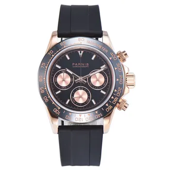 

Parnis 39mm black dial luminous marks rose gold plated case chronograph function Japanese quartz movement men's watch