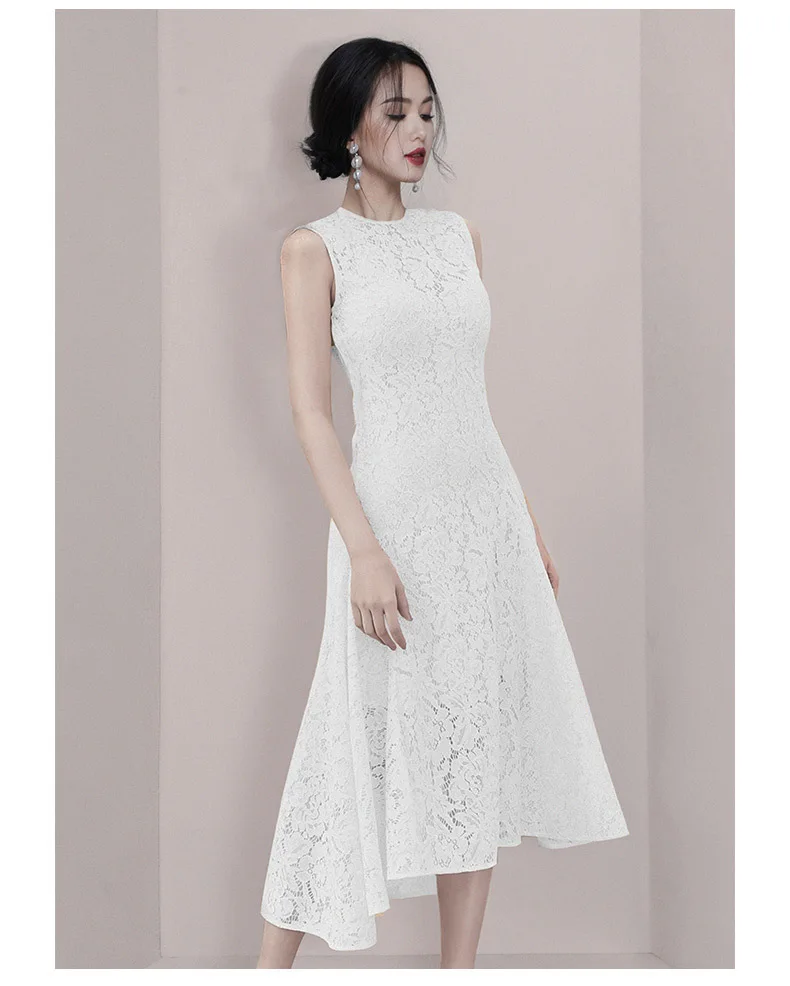 

Summer new fashion European and American women's round neck waist slim lace dress A word long dress