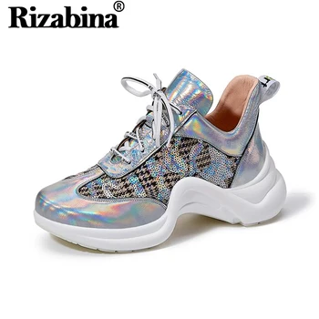 

RIZABINA Women Sneakers Shoes Real Leather Flats Light Sports Shoes Women Fashion Lace Up Colorful Solid Footwear Size 34-40