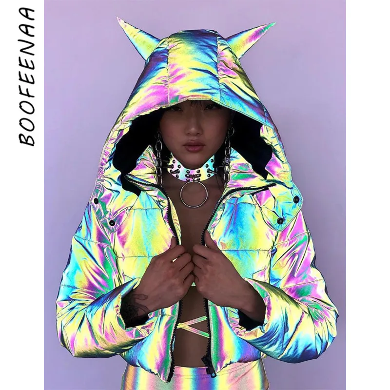 BOOFEENAA блестящая Переливающаяся Светоотражающая куртка пуховик теплая парка с