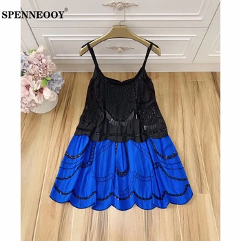 

SPENNEOOY Designer Custom Runway Women Summer Solid Backless Spaghetti Strap Dress Ladies Beading Sequined Boho Mini Dresses