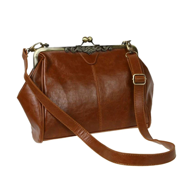 

ABZC-Retro Vintage Kiss Lock Imitation Leather Shoulder Purse Handbag Totes Bag Satchel-Dark Brown