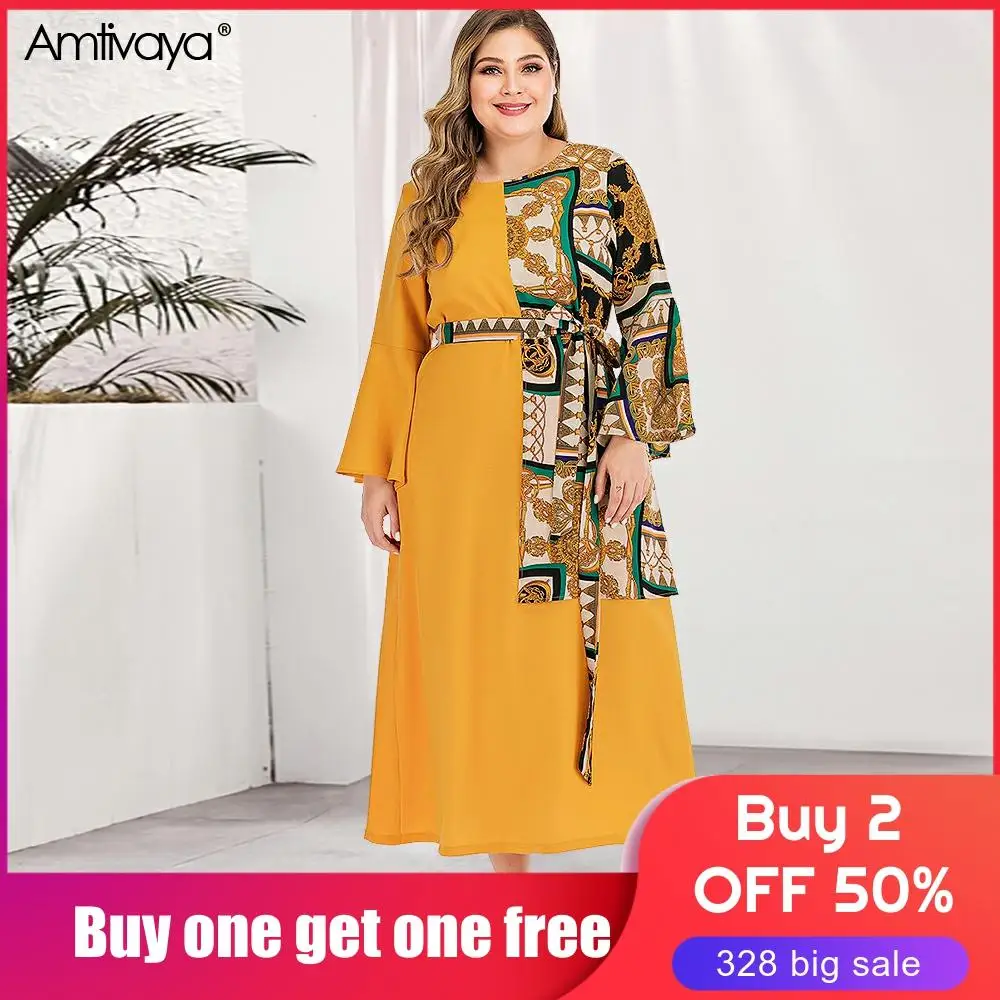 

Amtivaya Plus Size Women Dresses Yellow Fashion Palace Style Vintage Print Patchwork O Neck Flare Long Sleeve Midi Dress Autumn