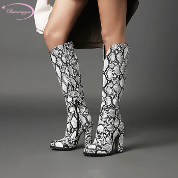 

Casual round toe knee high boots zipper serpentine matching color red white yellow green high-heeled chunky women's riding boots