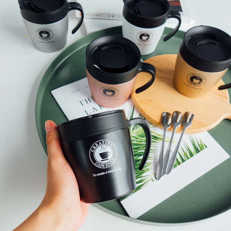 Bpa-Free, 330 мл, двухслойная кружка для кофе и чая, 304, нержавеющая сталь, термос, чашка, используется в офисе, семейная, вакуумная Ручка, кружка с ложкой